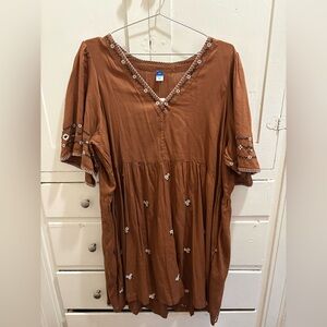 NWT Old Navy XXL Brown with White Floral Embroidery V-Neck Babydoll Dress